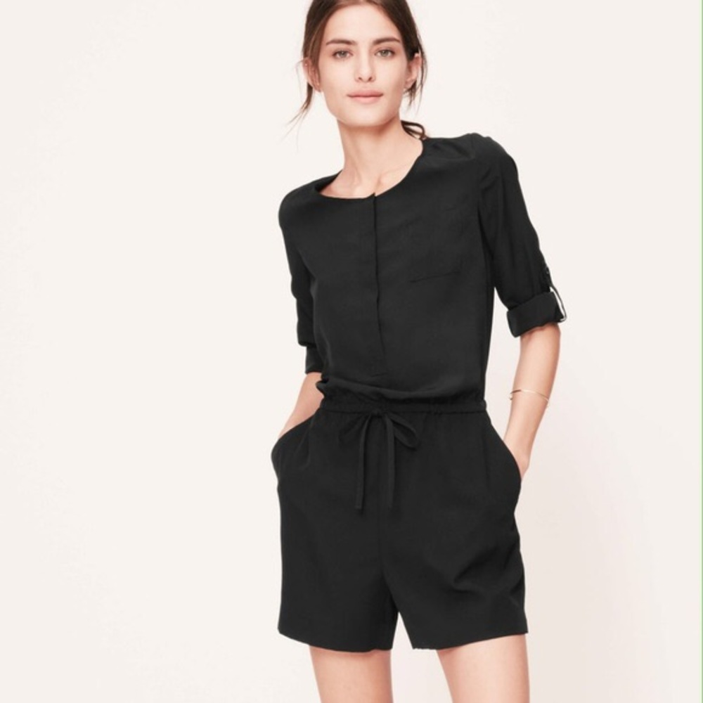 LOFT Black Long Sleeve Tie‎ Waist Romper